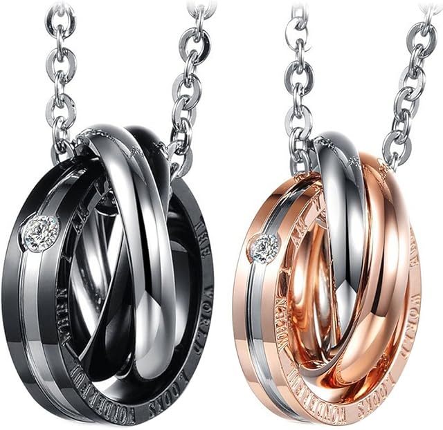 Cupimatch 2PCS Triple Rings Interlocking His& Her Matching Set Stainless Steel Couples Pendant Necklace, 18" & 20" Chain Included