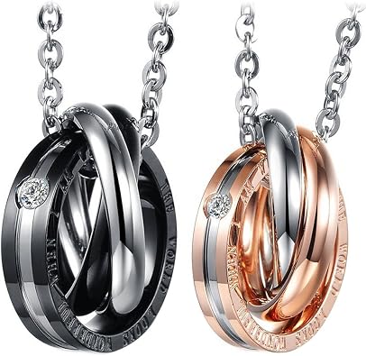 Cupimatch 2-Pieces Stainless Steel Couples Rings Necklace Set, Chain Included for Valentines Day