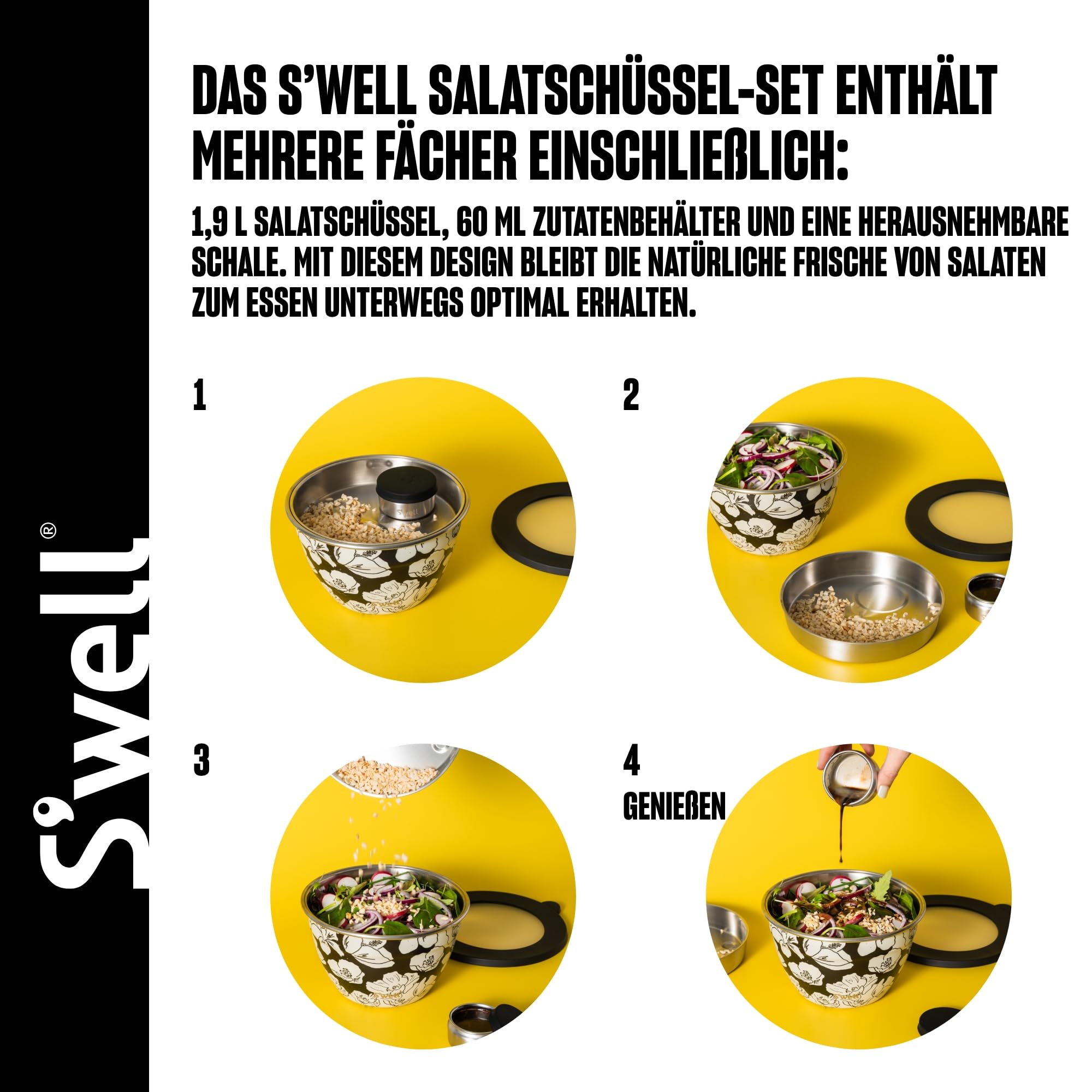 S'well Salatschüssel-Set aus Edelstahl, 1,9 l, Blüten anthrazit, mit 60 ml Gewürzbehälter und abnehmbarer Schale zur Organisation, auslaufsicher, leicht zu reinigen, spülmaschinenfest