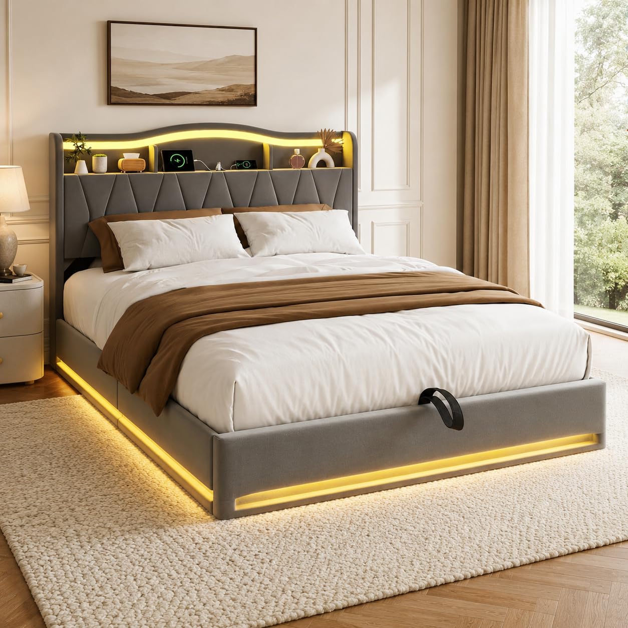 PerGar Łóżko tapicerowane 140 x 200 cm z oświetleniem LED i miejscem do przechowywania hydraulicznego, łóżko z funkcją ładowania USB i typu C, rama łóżka z aksamitu z zagłówkiem i ukrytą półką, łóżko