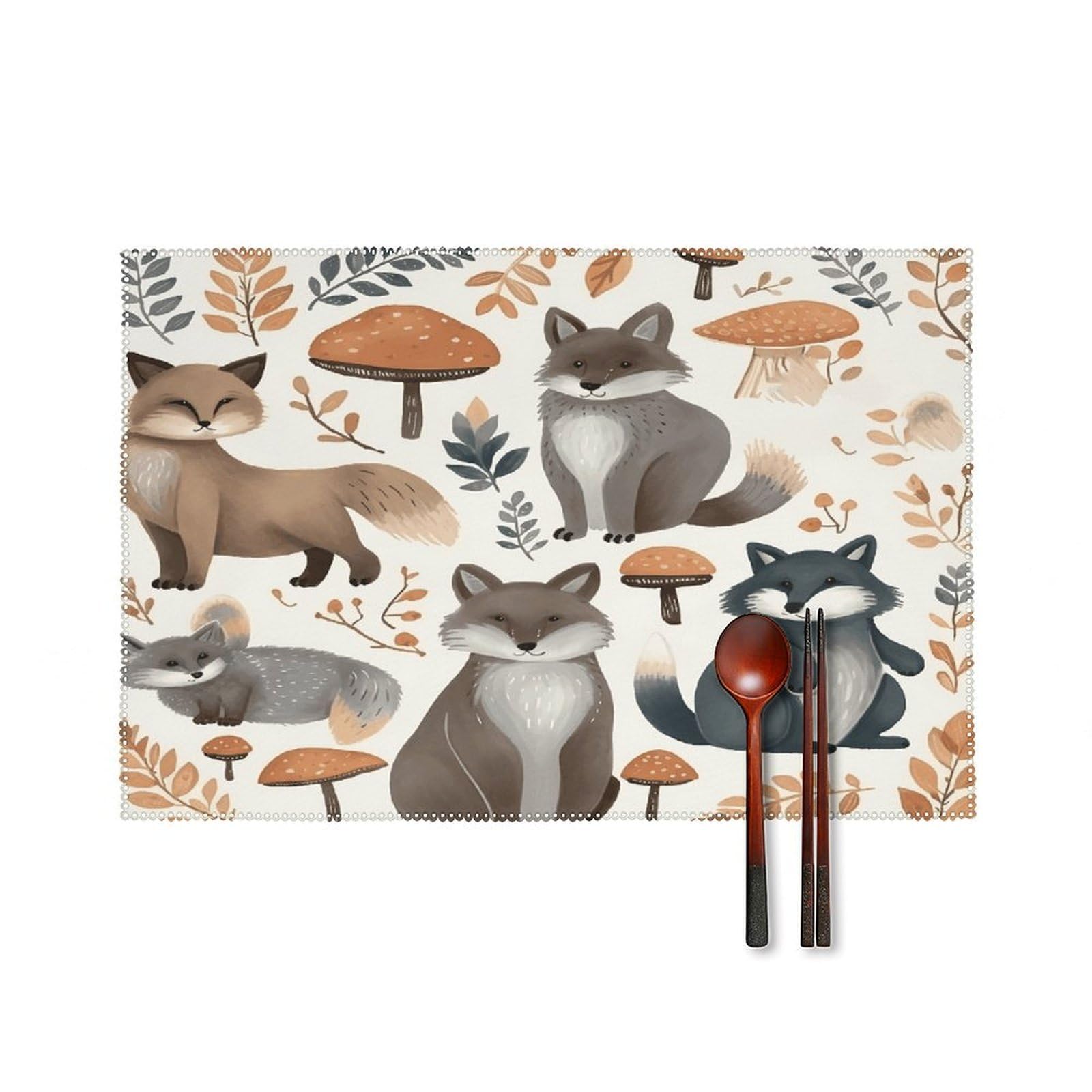Woodland Raccoon Animals Placemats Set of 6 Non-Slip Heat Resistant Table Mats Canvas Washable Cloth Place Mats Easy to Clean Premium Placemat for Kitchen Dining Table Decoration