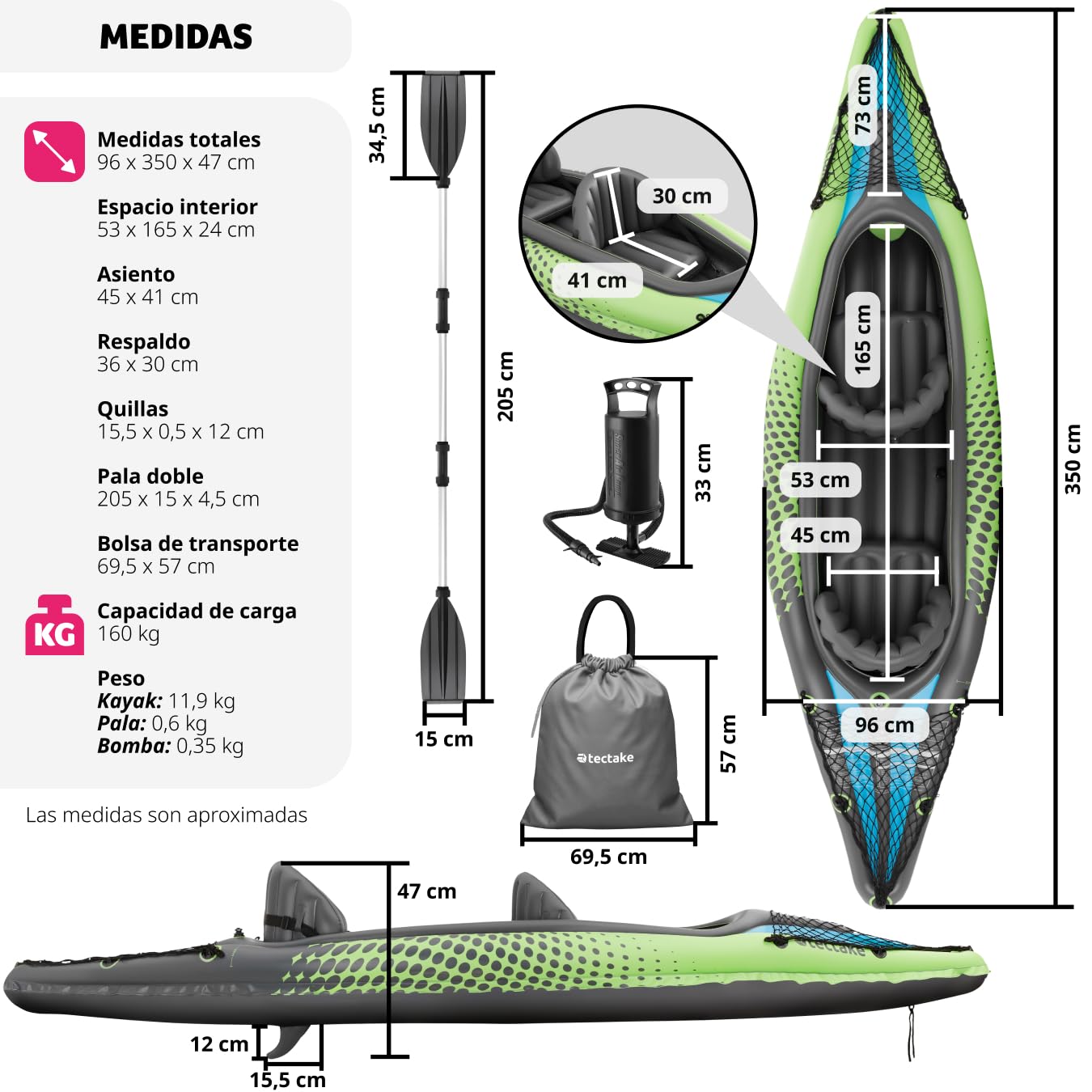 Tectake Kayak Inflable PVC Resistente Remo Doble Bomba Doble Acción Asiento Desmontable Quilla Acoplable Bolsa Transporte