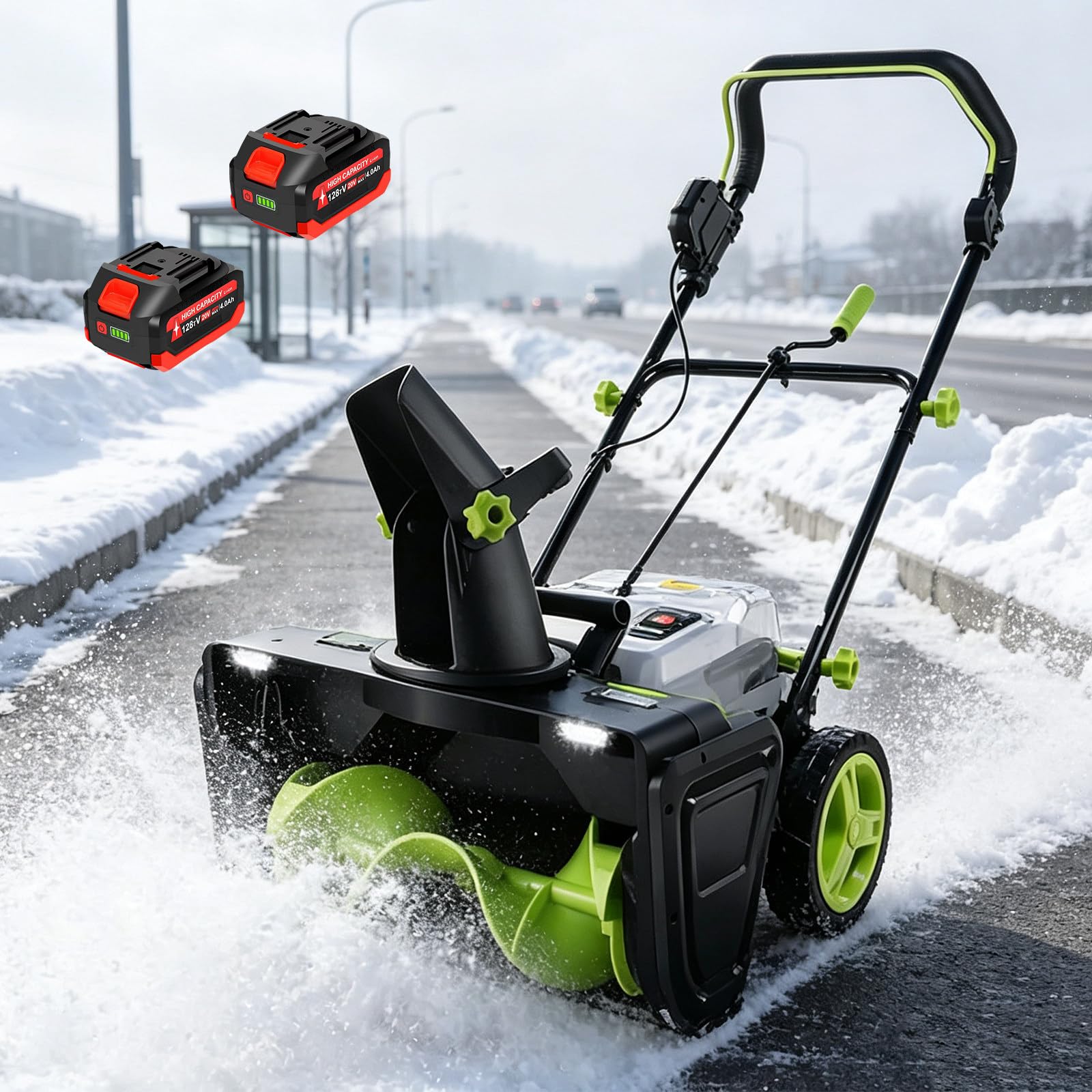 Spazzaneve a Batteria — 40V Elettrico, 7,6m gittata, Canale 180°, profondità 25 cm,Pala da Neve per marciapiede Portico Giardino, Cortile e Ingresso casa 2Batteries