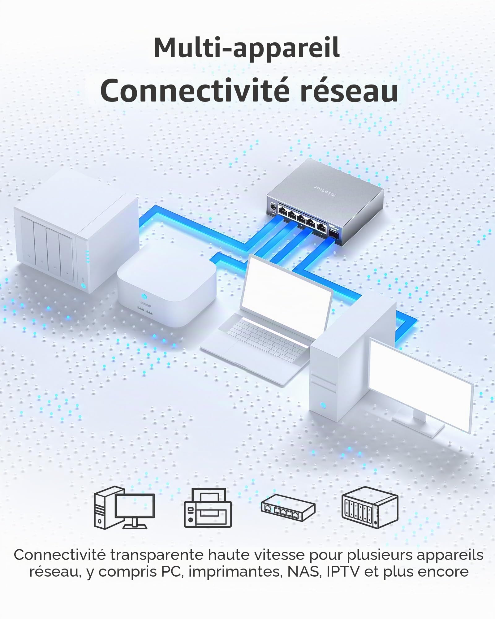 Commutateur réseau managé 2.5Gbit, 5 Ports RJ45 2,5Gbps & 1 Port SFP+ 10G, VLAN/QoS/STP/IGMP/LACP, Conception silencieuse sans Ventilateur, boîtier en Aluminium, Montage sur Bureau