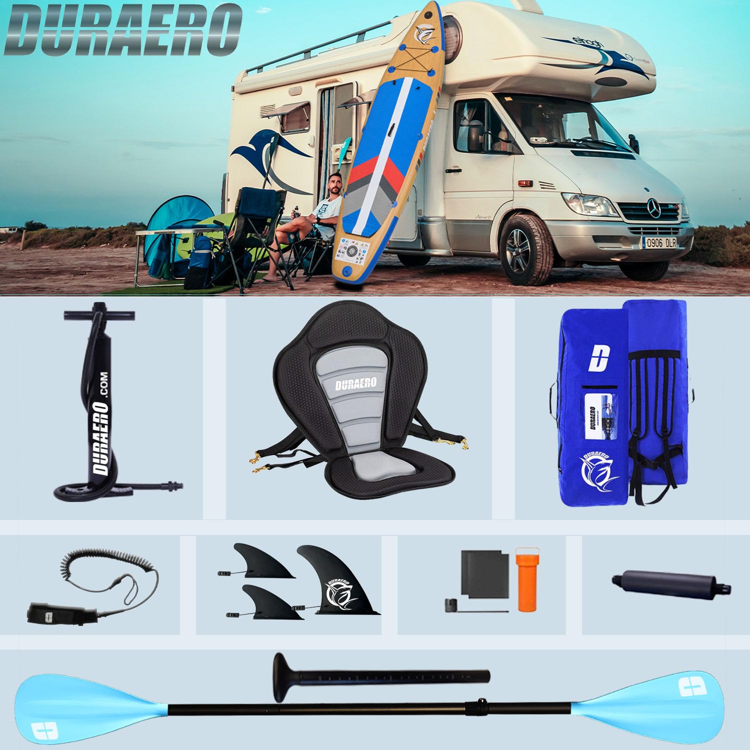 DURAERO Tavola SUP gonfiabile XXL 330cm, stand up paddle con sedile kayak e poggiapiedi, pagaia doppia, supporto fotocamera, accessori completi, portata 150 kg, effetto legno