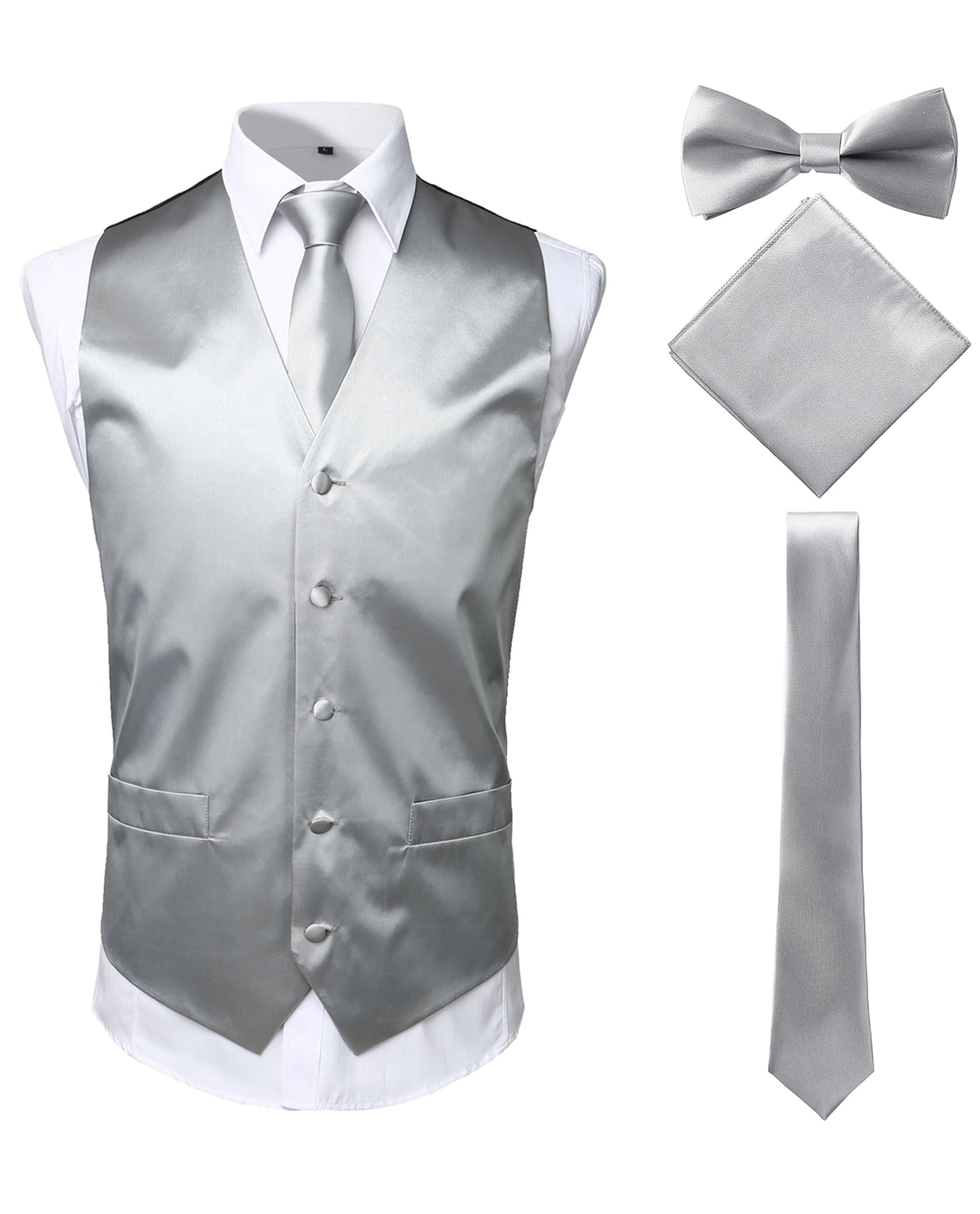 ZEROYAA Men's Solid 4pc Shiny Satin Vest Necktie Bowtie Pocket Square Set for Suit or Tuxedo