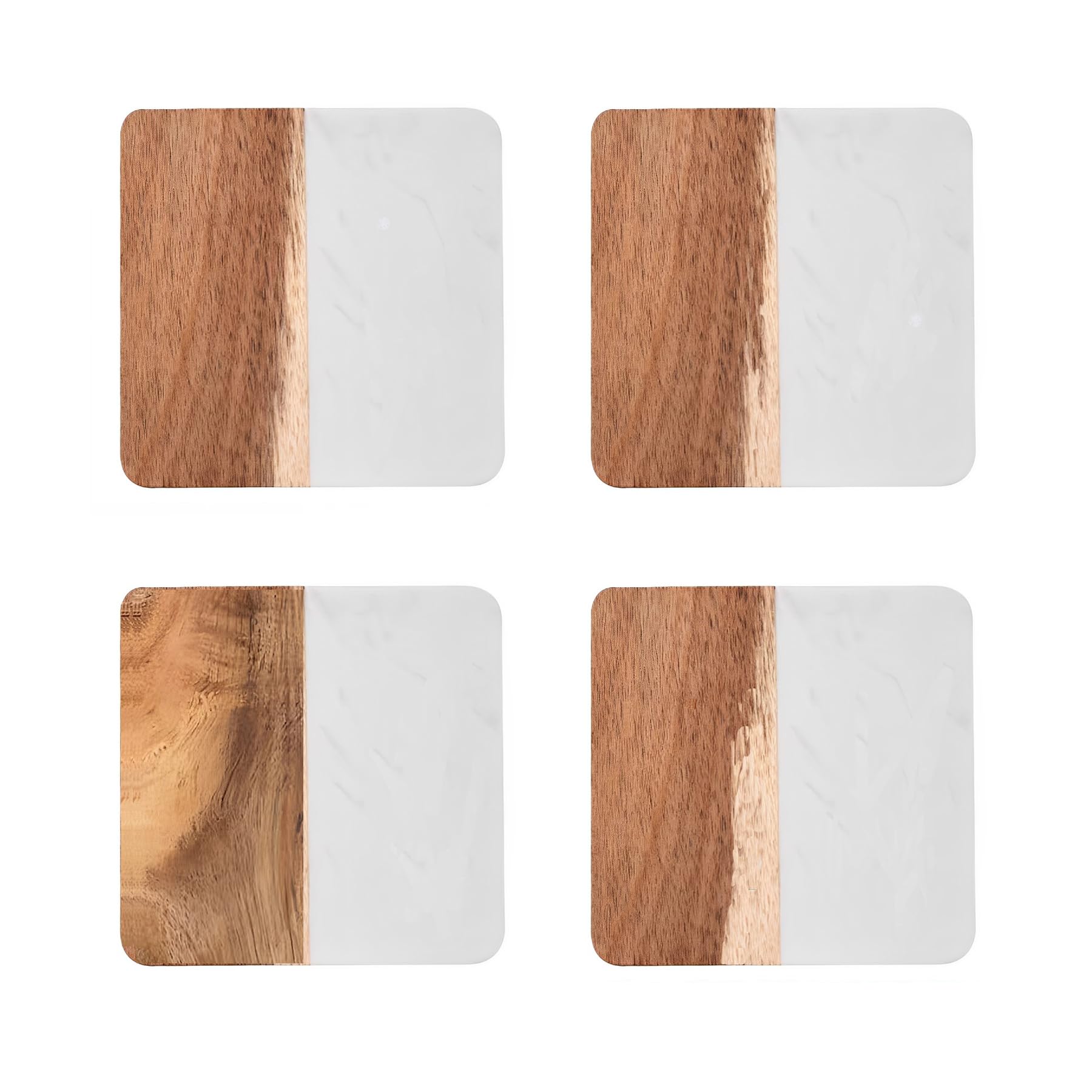 I-LAN 4-Piece Marble and Wood Coasters for Drinks, 4x4 Inch Square Modern White Marble and Natural Acacia Wood Coaster Set, Heat Resistant Table