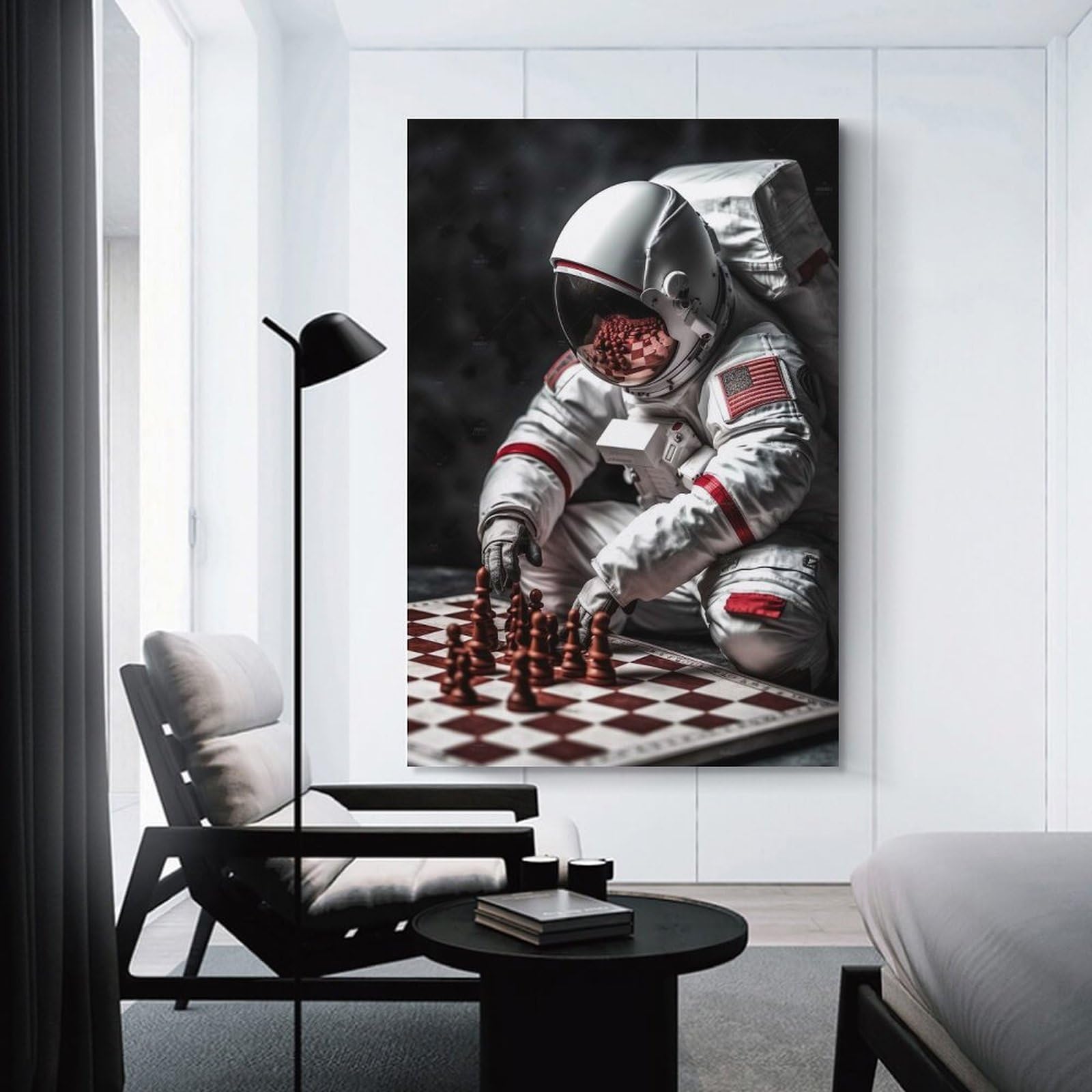 Junmoney Canvas Wall Art US Astronaut Playing Chess, 24x36inch(60x90cm), for New Homes, Bedrooms Or Workspaces, Canvas Artwork with Gifting Potential