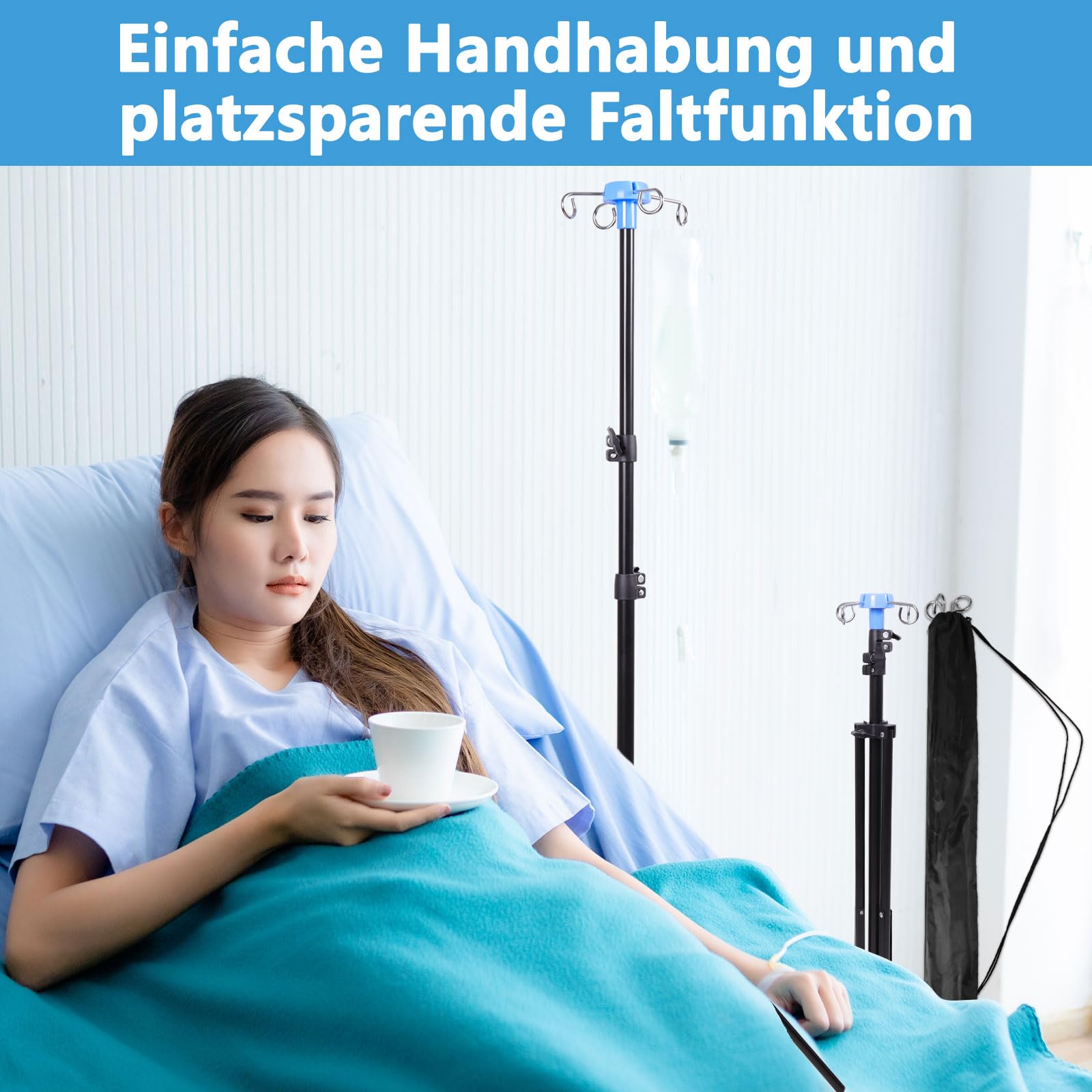 Klappbarer IV-Polenständer mit 4 Haken, verstellbarer Höhe IV-Ständer, Stativ IV-Polenständer für Heimpflege, Krankenhäuser, Kliniken und Reisen (schwarz)