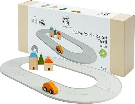 PlanToys Rubber Road & Rail Set Small Montessori Play Set | Imagination, Problem Solving and Early Movement Exploration | Eco Friendly Road and Rail Set for Meaningful Play