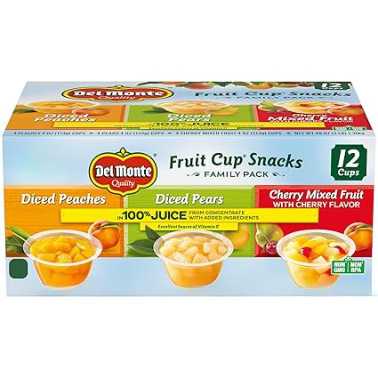 Del Monte Fruit Cup Snacks Variety Pack in 100% Juice, 4 oz Cups (12 Pack) Diced Peaches, Diced Pears, Cherry Mixed Fruit