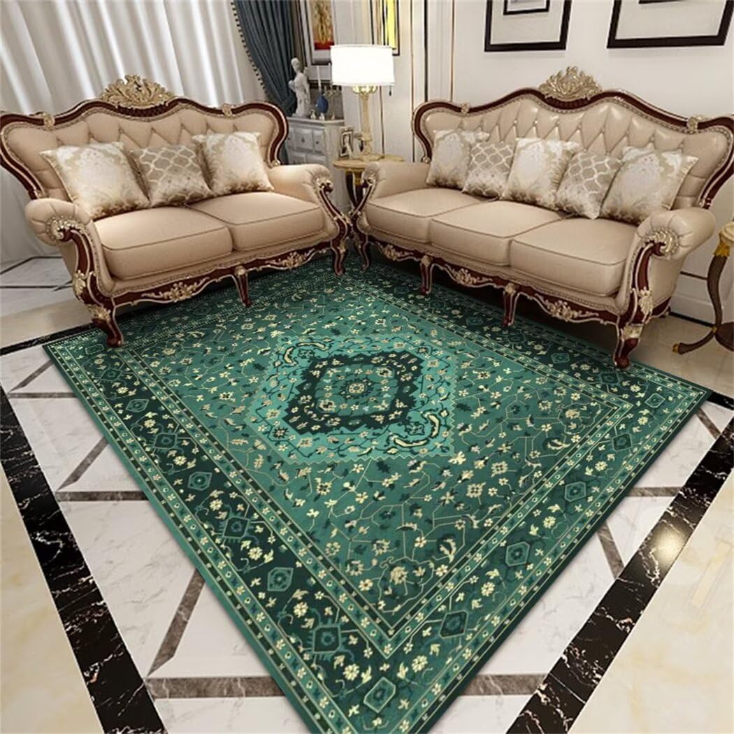 Tapis couloir long vert 160x210 grand tapis décoratif lavable style vintage salon