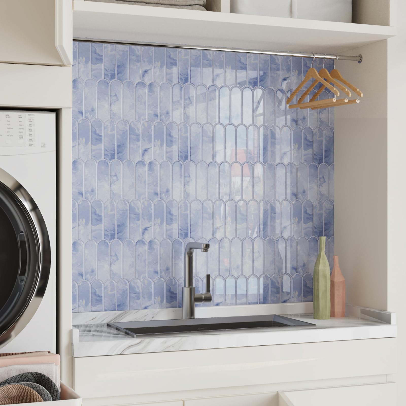 CRE8TIVE 16 Piezas Azulejos Adhesivos Autoadhesivo Azul Claro Cenefa Adhesiva Cocina Azulejos Adhesivos Baño Marmol Impermeable Baldosas Adhesivas Pared Forma de Abanico Largo Chimenea 30.5cm x 30.5cm