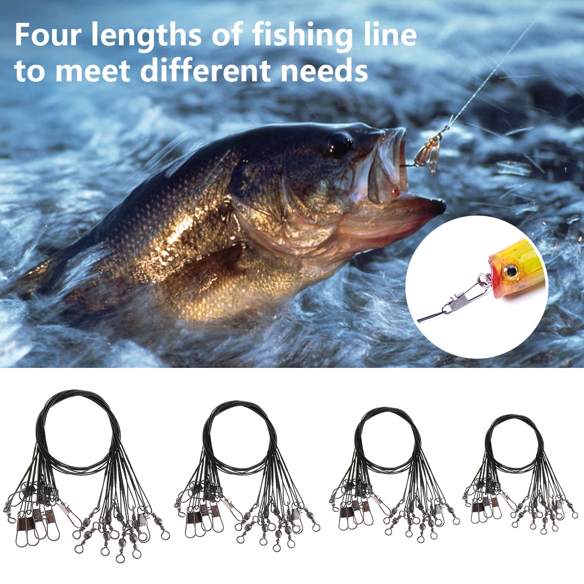 50 cavi da pesca, 13,6 kg, in acciaio, con girelle e bottoni a pressione per luccio, linea principale nascosta per prevenire morsi di pesce, 15 cm (nero