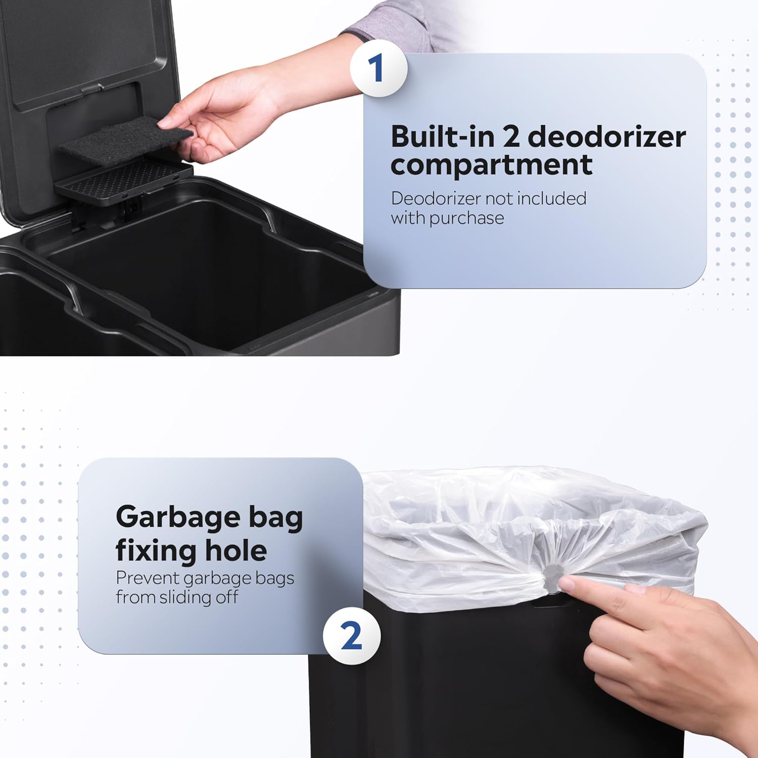 WLIVE 2 x 8 Gallon Stainless Steel Dual Trash Can, Double Trash Can Kitchen with Soft-Close Lid, Trash and Recycle Bin Combo, Kitchen Garbage Can with Deodorizing Filter Box and Inner Buckets, Black - Image 7