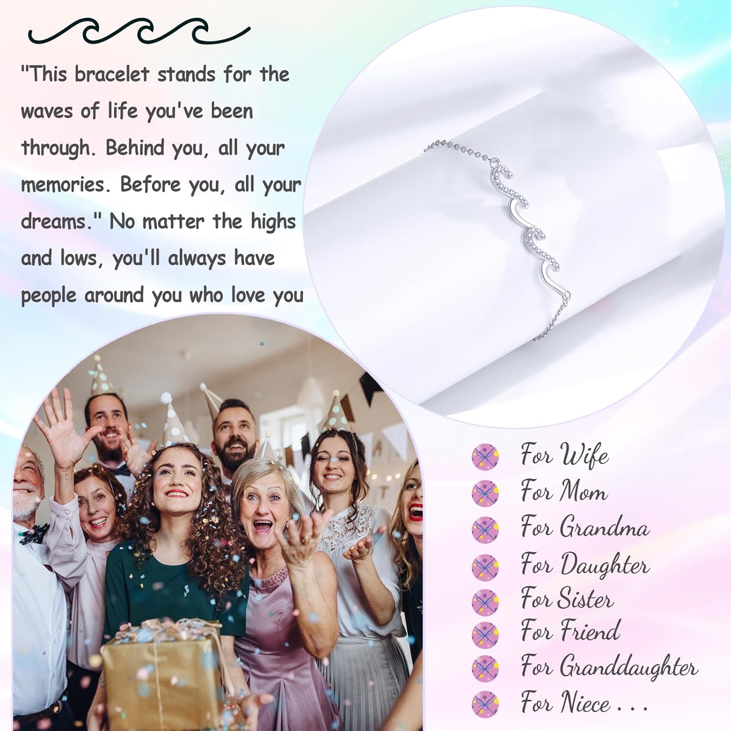 Birthday Gifts for Women Mom Wife Grandma Daughter Friend Bestie Sister, Silver Waves Bracelet Gift for Woman Birthday Gifts Ideas, The Waves of Life Gift for Christmas Mothers Day - Image 4