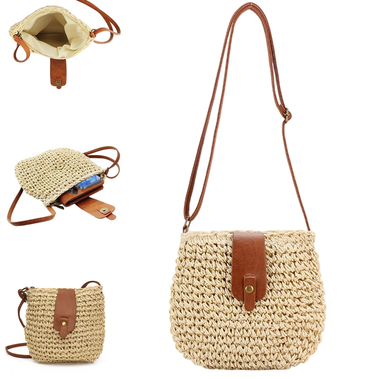 Wedhapy Woven Purse Woven Crossbody Bags for Women 8x9 Inch Zippered Paper Rope Purse with Leather Strap Casual & Trendy Boho Bag for Summer, Beach, Outdoor, Beige