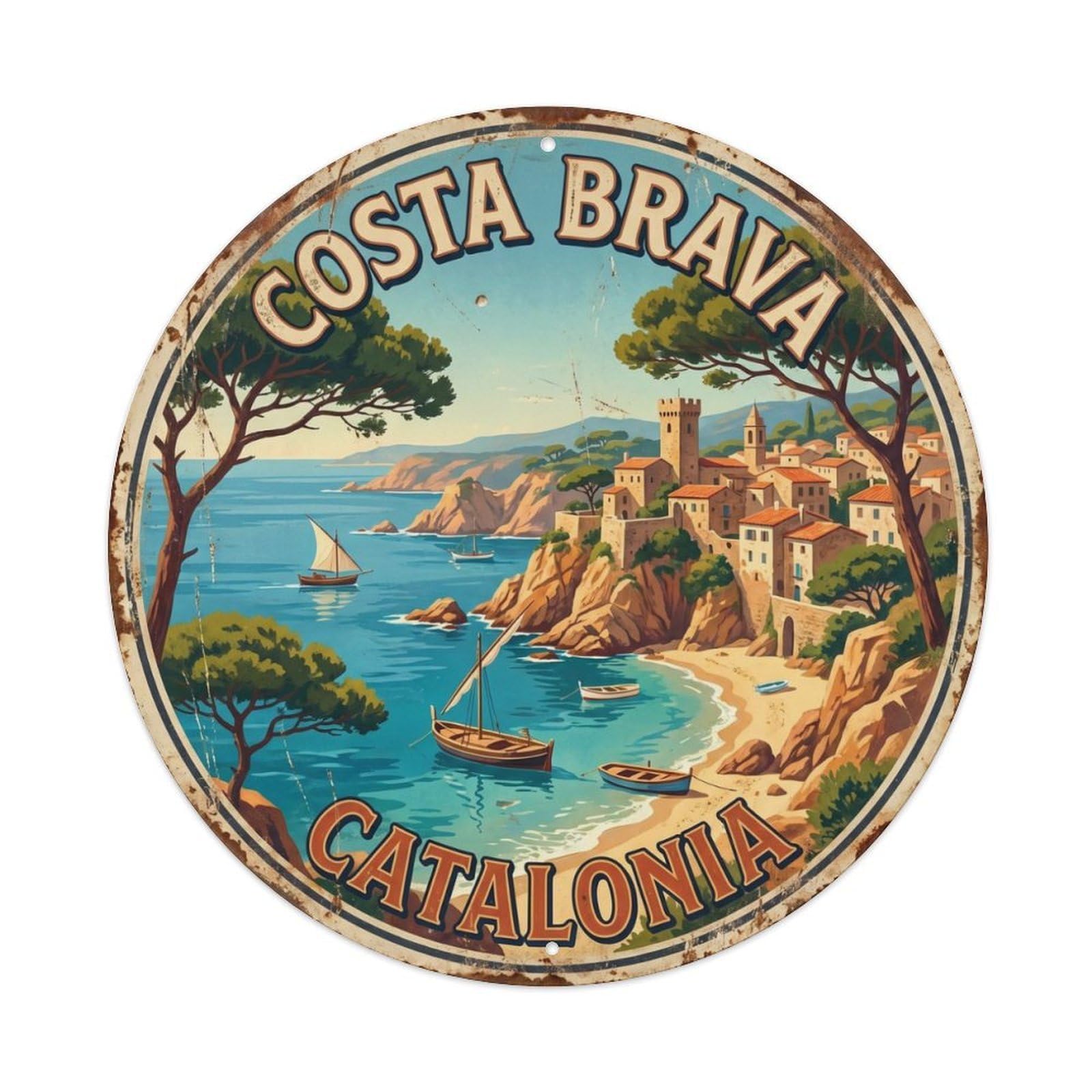 Vintage Travel Brava Cliffs Mediterranean Metal Tin Sign Plaque Wall Decor for Cafe, Club Bar, Office, Home Garden Round Metal Poster 8x8Inch