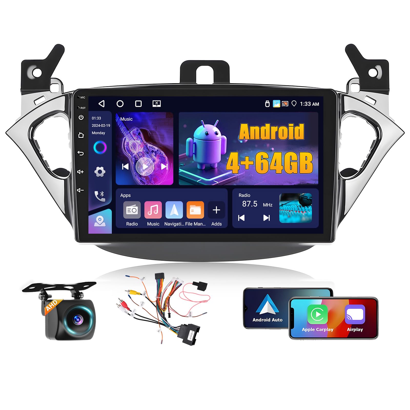 4+64G 9''Autoradio per Opel Corsa/2015-2019/Opel Adam 2013-2016 | Stereo per CarPlay/Android Auto Wireless, Schermo 9" Touchscreen Bluetooth 5.0/GPS, Retrocamera, FM, WiFi, Comandi Al Volante