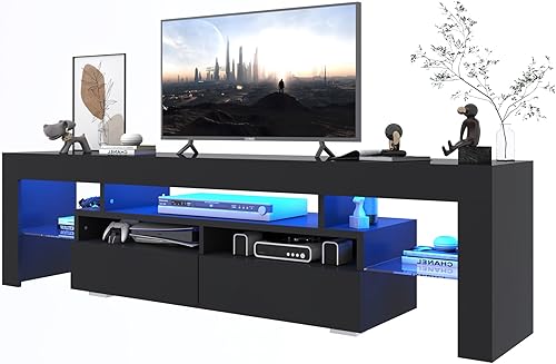 Miniatura 4 de Soporte de TV con 16 luces LED de color, consola multimedia con cajón y estante abierto de vidrio para TV de 657585 pulgadas, moderno centro de