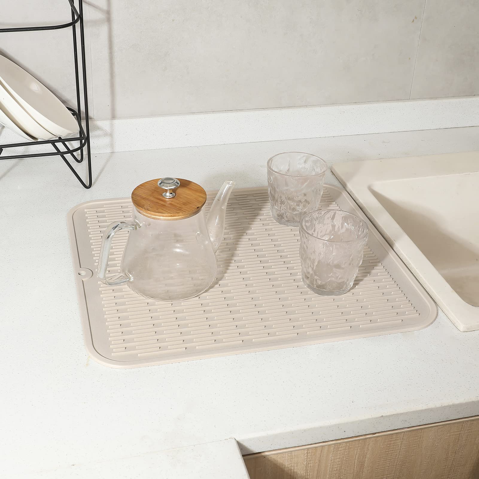 MicoYang Silicone Dish Drying Mat for Multiple Usage,Easy clean,Eco-friendly,Heat-resistant Silicone Mat for Kitchen Counter or Sink,Refrigerator or Drawer Liner Tapioca XL 18 inches x 16 inches