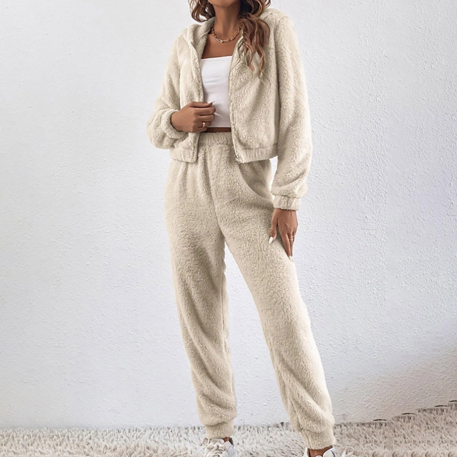 Tuta da jogging da donna, in 2 pezzi, per autunno e inverno, calda giacca con cappuccio e pantaloni sportivi, con vita elasticizzata, tinta unita, elasticizzata, per attività all'aria aperta, corsa