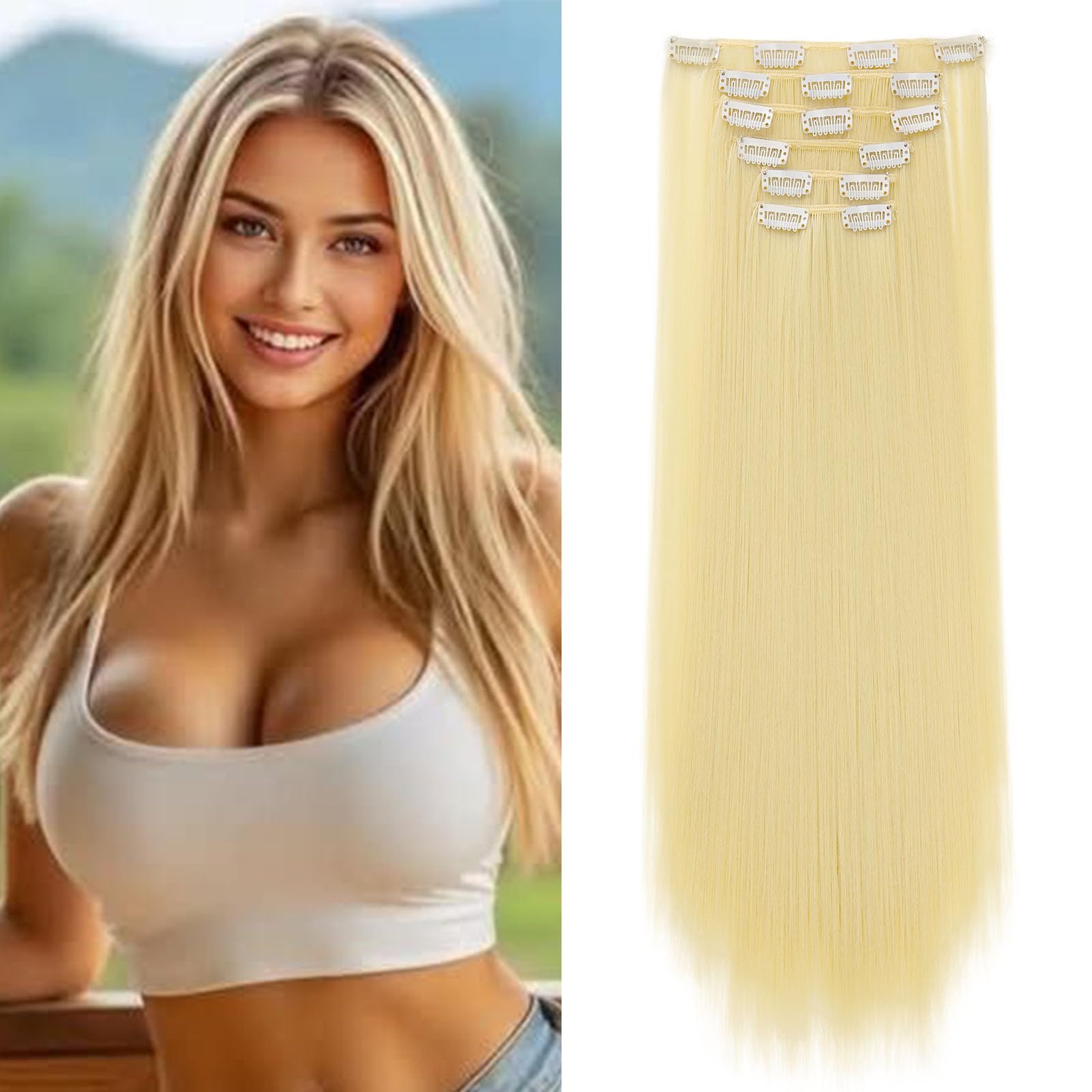 Cybelleza Extension Capelli Clip Lisci 65cm 6PCS Clip in Hair Extension per Capelli Sintetici Lunghi Finti Allugamento Effetto Naturale Dritti Full Head Set Posticci per Donna, Bleach Blonde