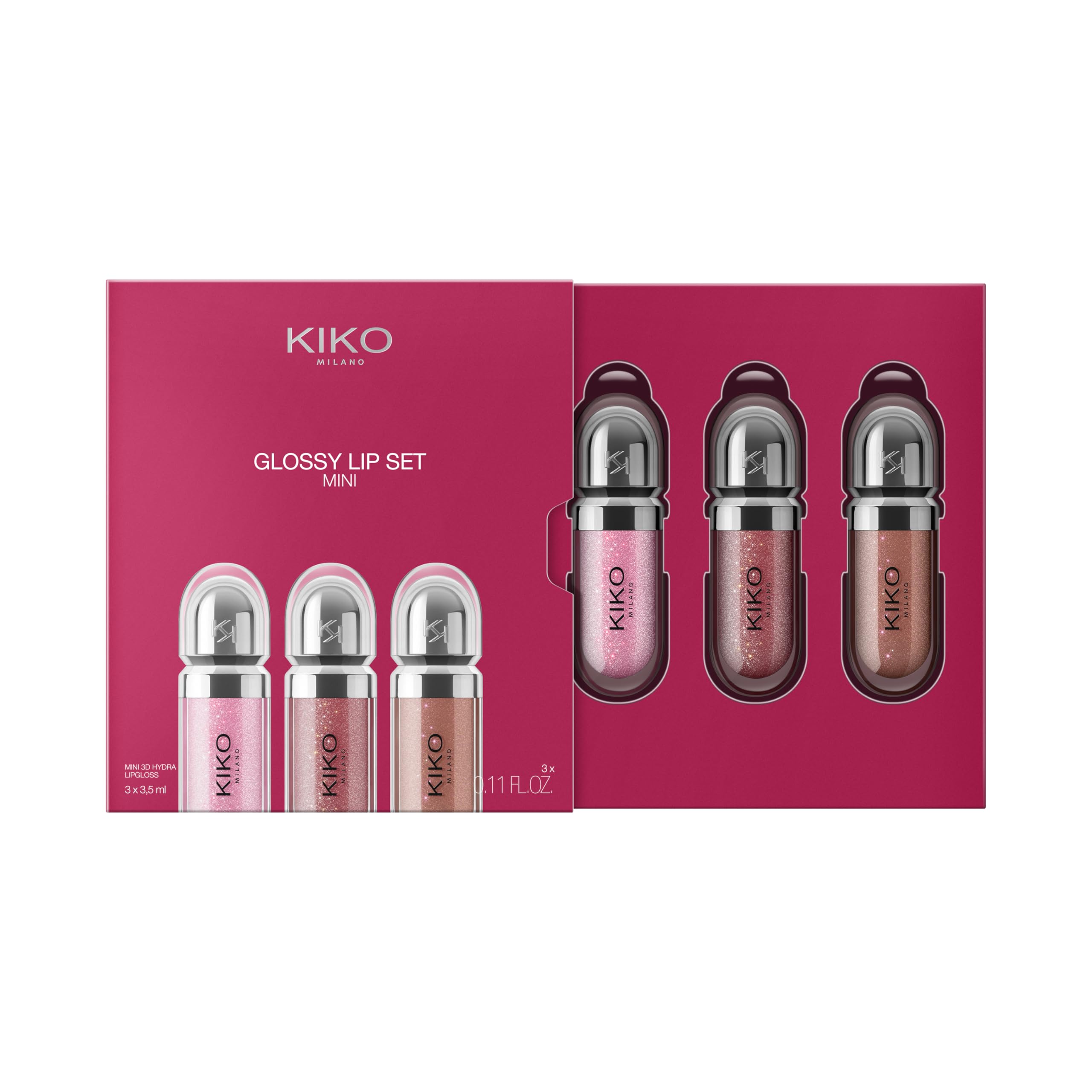 KIKO Milano Glossy Lip Set Mini, Kit Lèvres : 3 Mini Brillants À Lèvres Hydratants Effet Volumateur 3D