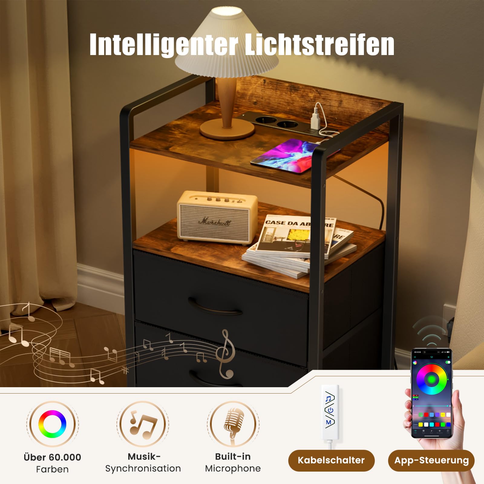 YOUDENOVA Nachttisch 2er Set mit LED-Beleuchtung, Nachtschrank mit Ladefunktion, Beistelltisch mit 2 Schubladen und 2 Offene Regale, Couchtisch fürs Wohnzimmer, Schlafzimmer, Vintage Braun