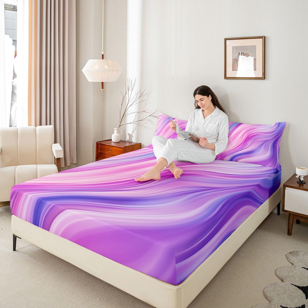 Manfei Juego de sábanas bajeras de 3 piezas estilo bohemio, teñido anudado, con 2 fundas de almohada, decoración de habitación de niños y niñas, color pastel fluido, suave, 3 piezas (sin plana)