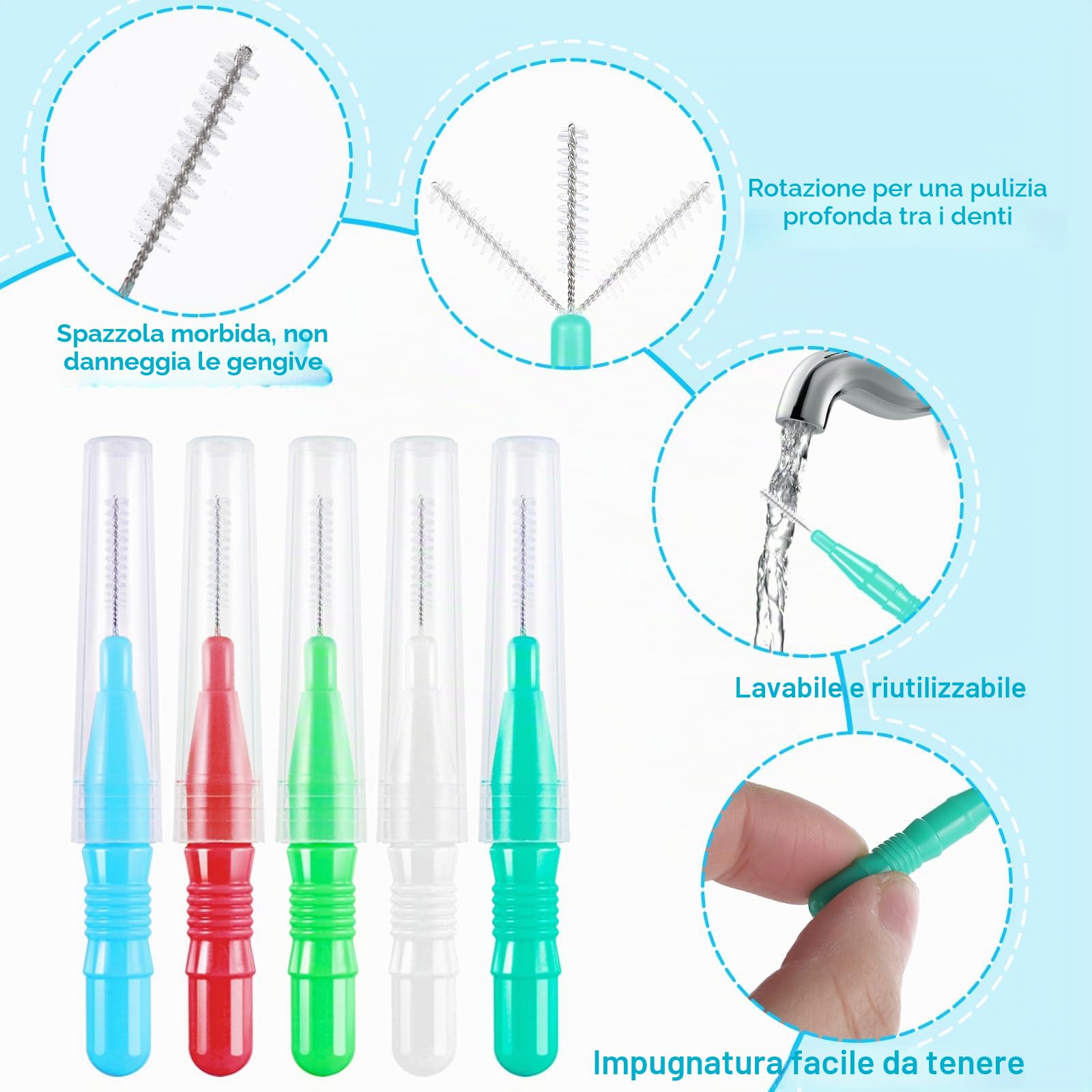 50 Pezzi Scovolini Dentali, Scovolino per Pulizia Denti con Coperchio Spazzolini Interdentali Scovolino Interdentale per l'Igiene Interdentale mantenimento della salute orale (5 Colori)