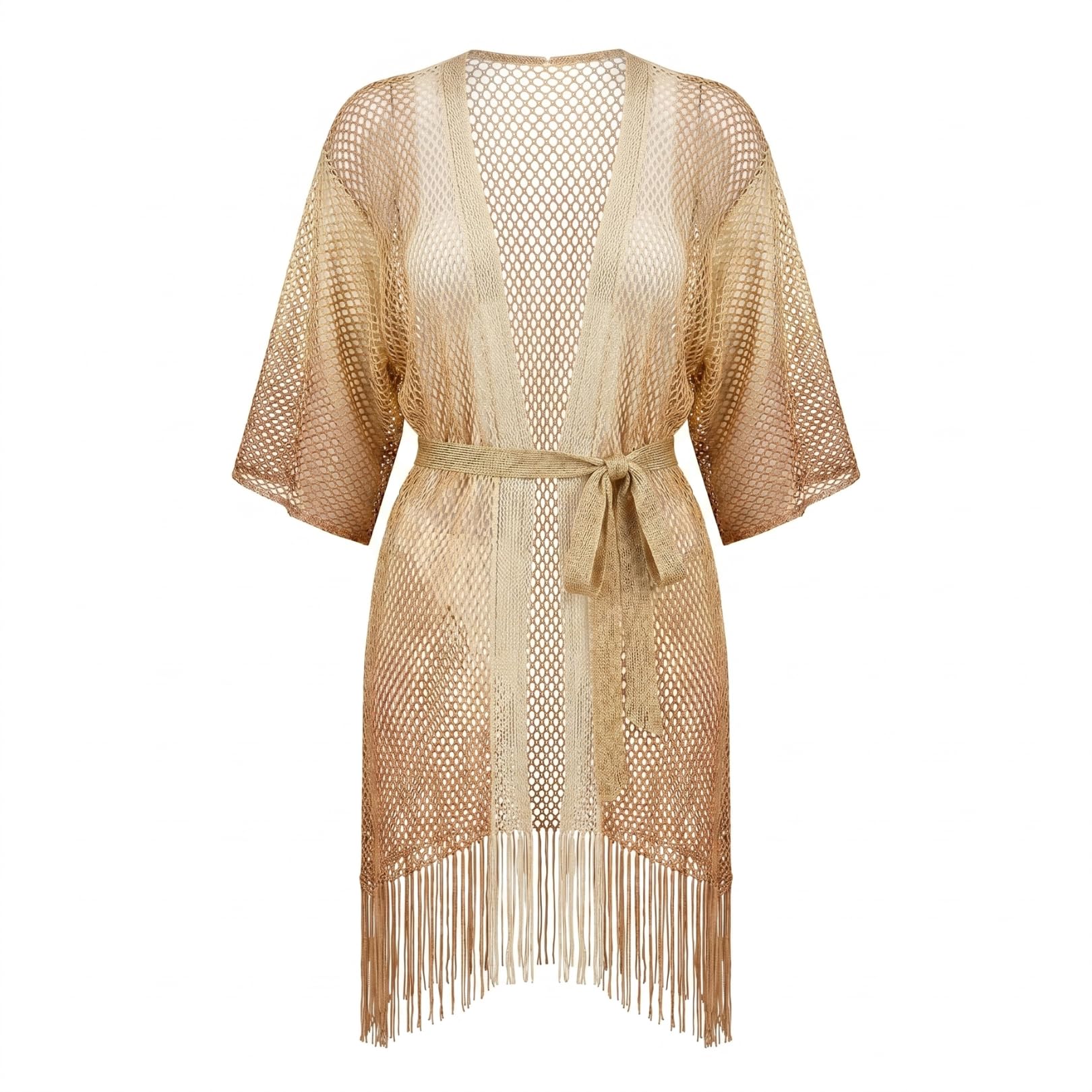 Crochet Beach Cover Up Kimono, Champagne Sand Ombre, 100% Polyester Mesh, Open Front with Tassel Hem and Waist Tie Belt-image-33