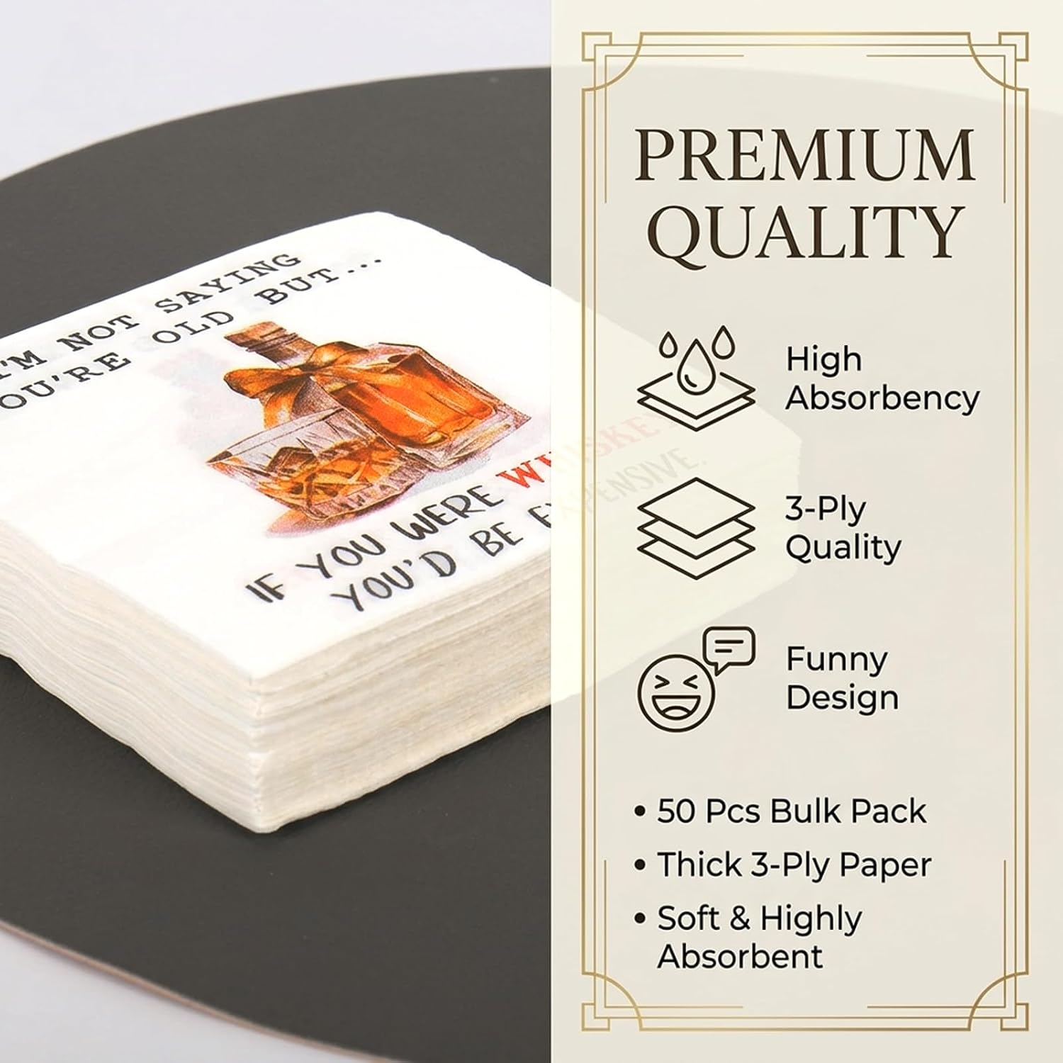JarThenaAMCS 50Pcs Funny Whiskey Cocktail Napkins Disposable Paper Napkins Vintage Humorous Saying Beverage Napkin for Birthday Father's Day Party Table Decor
