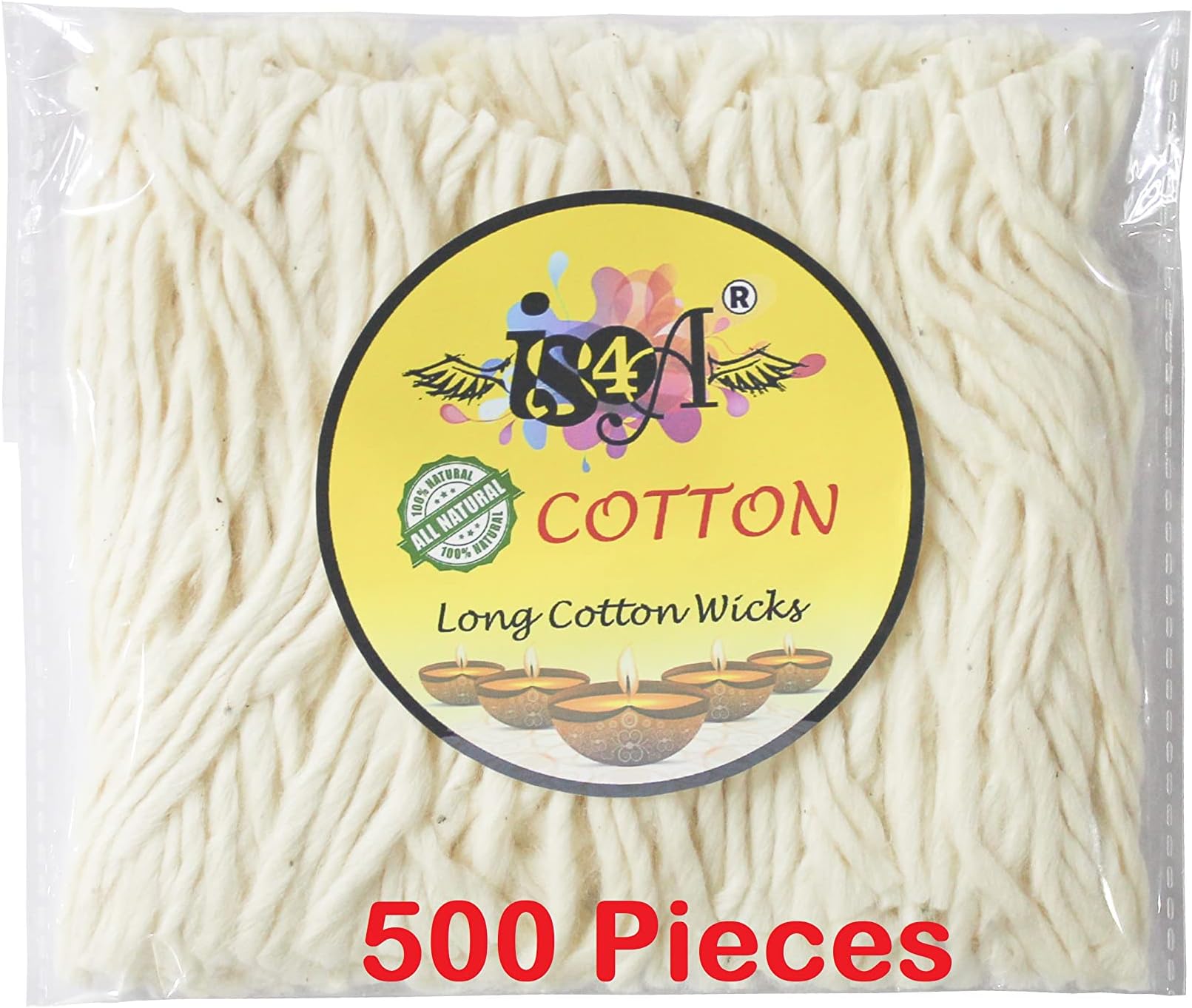 IS4A 500 Pcs Handmade Long Cotton Wicks For Puja Pooja Jyot Batti For Oil Lamp Diya For Diwali Deepawali Diya, Ideal For Brass, Kuber Clay Diya For Home Mandir Temple Clay Diyas