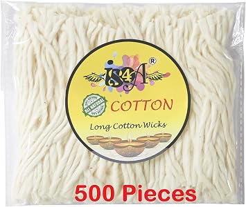 IS4A 500 Pcs Handmade Long Cotton Wicks for Puja Pooja Jyot Batti for Oil Lamp Diya for Diwali Deepawali Diya, Ideal for Brass, Kuber Clay Diya for Home Mandir Temple Clay diyas