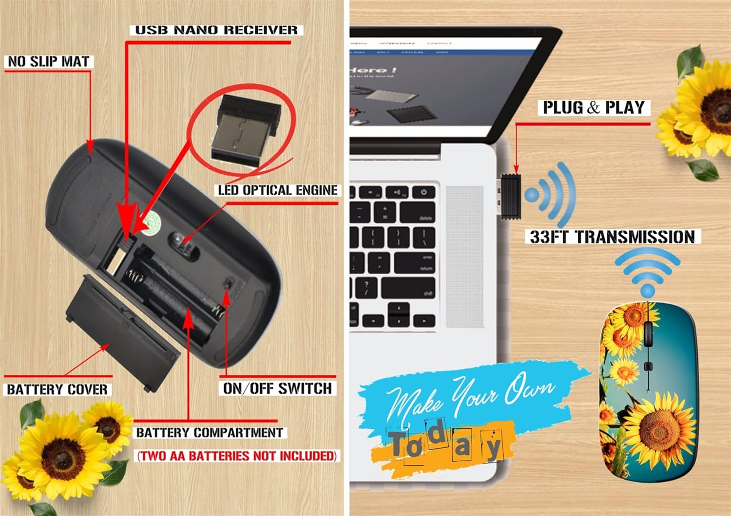 maizi Mouse Wireless for Mac Computer Personal Laptop, Mice Wireless 30002157 Sunflower Field Under 2.4G Lightweight with USB Receiver Printed in USA
