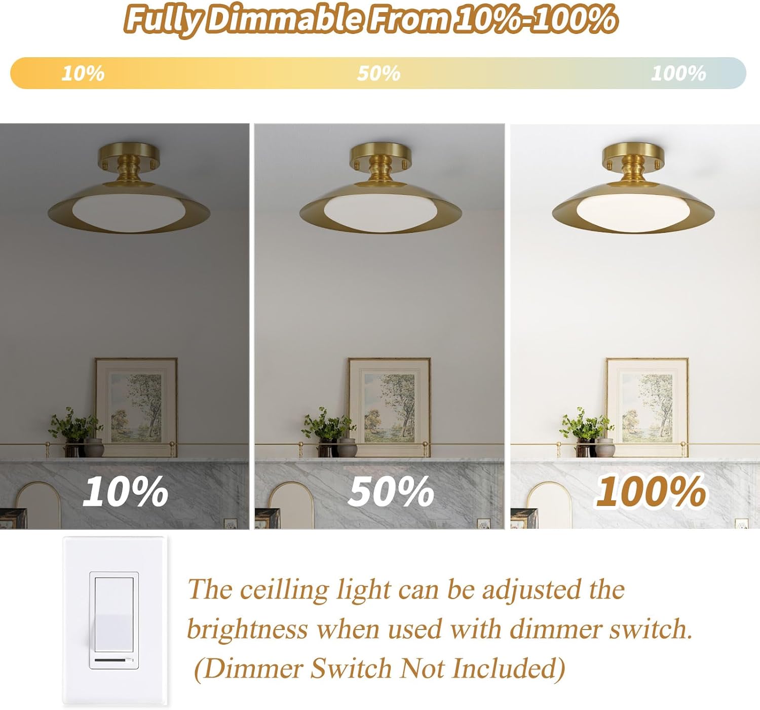 Dimmable Brass Ceiling Light Flush Mount Modern LED Lighting Fixture, 5CCT 3000 K- 6000 K Ceiling Lamp for Bedroom Hallway Living Room Kitchen