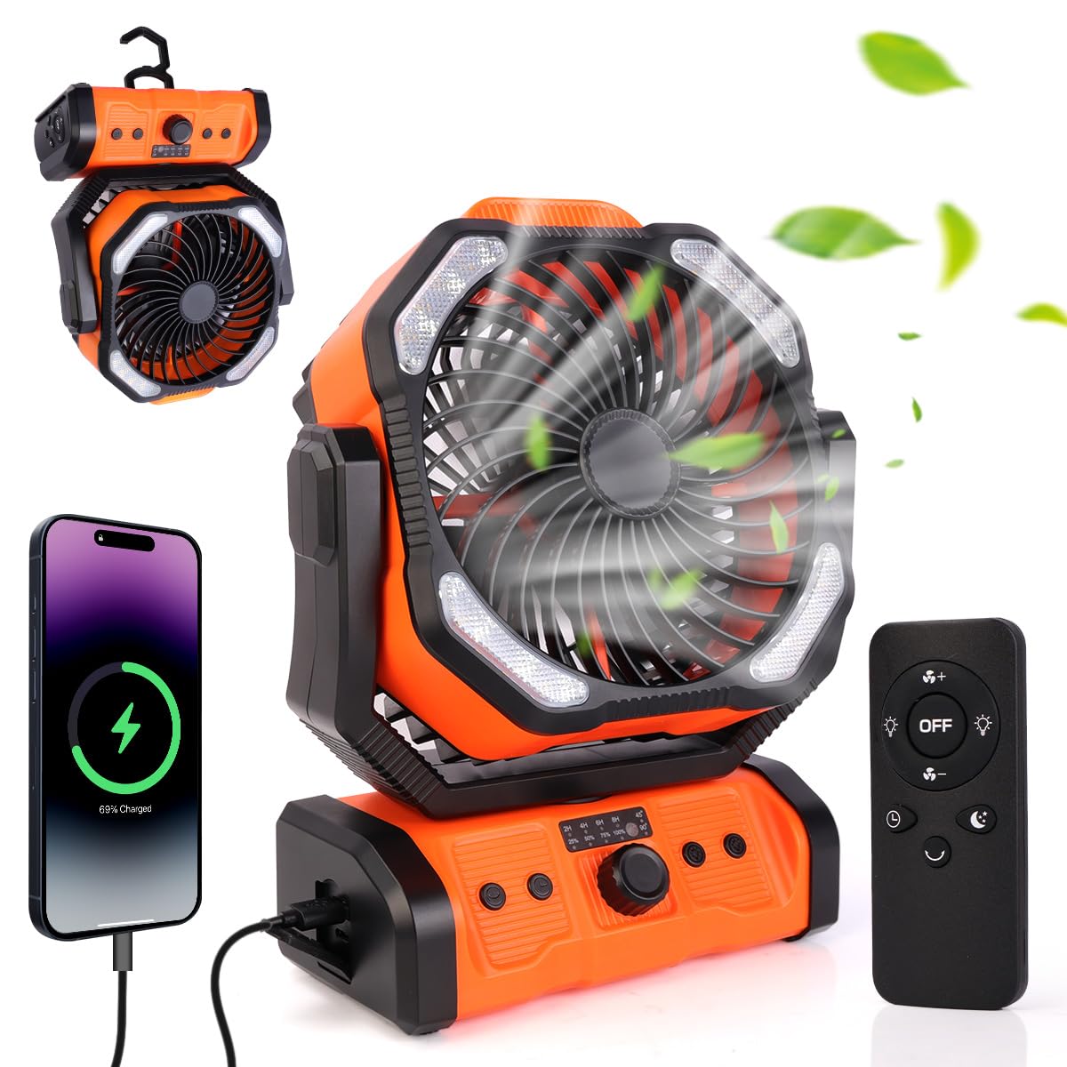 Ventola Da Campeggio Con Treppiede, Ricaricabile, Luce LED 360° E Telecomando – Antizanzara Grigia