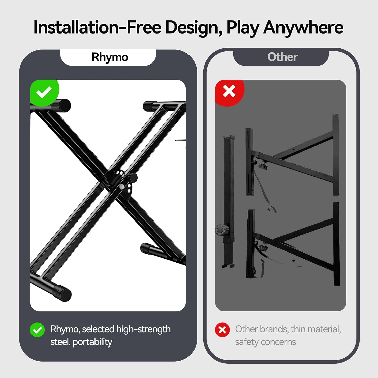 Rhymo Keyboard Stand Double-X, Heavy-Duty, Pre-Assembled Piano Stand for Kids and Adults, 8 Adjustable Digital Piano Stand with Locking Straps Fits 54 61 88 (X)