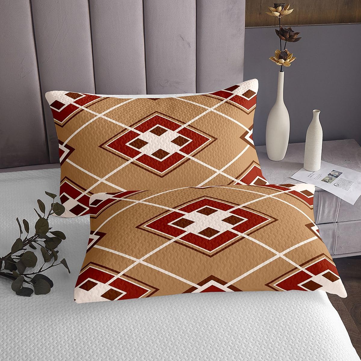 Castle Fairy Brown Red Grid Bedspread,Geometric Patchwork Plaid Bedding Sets for Kids Teens Adults,Vintage Simple Grid Coverlet Set with 1 Pillowcase,Twin Size 2 Pcs