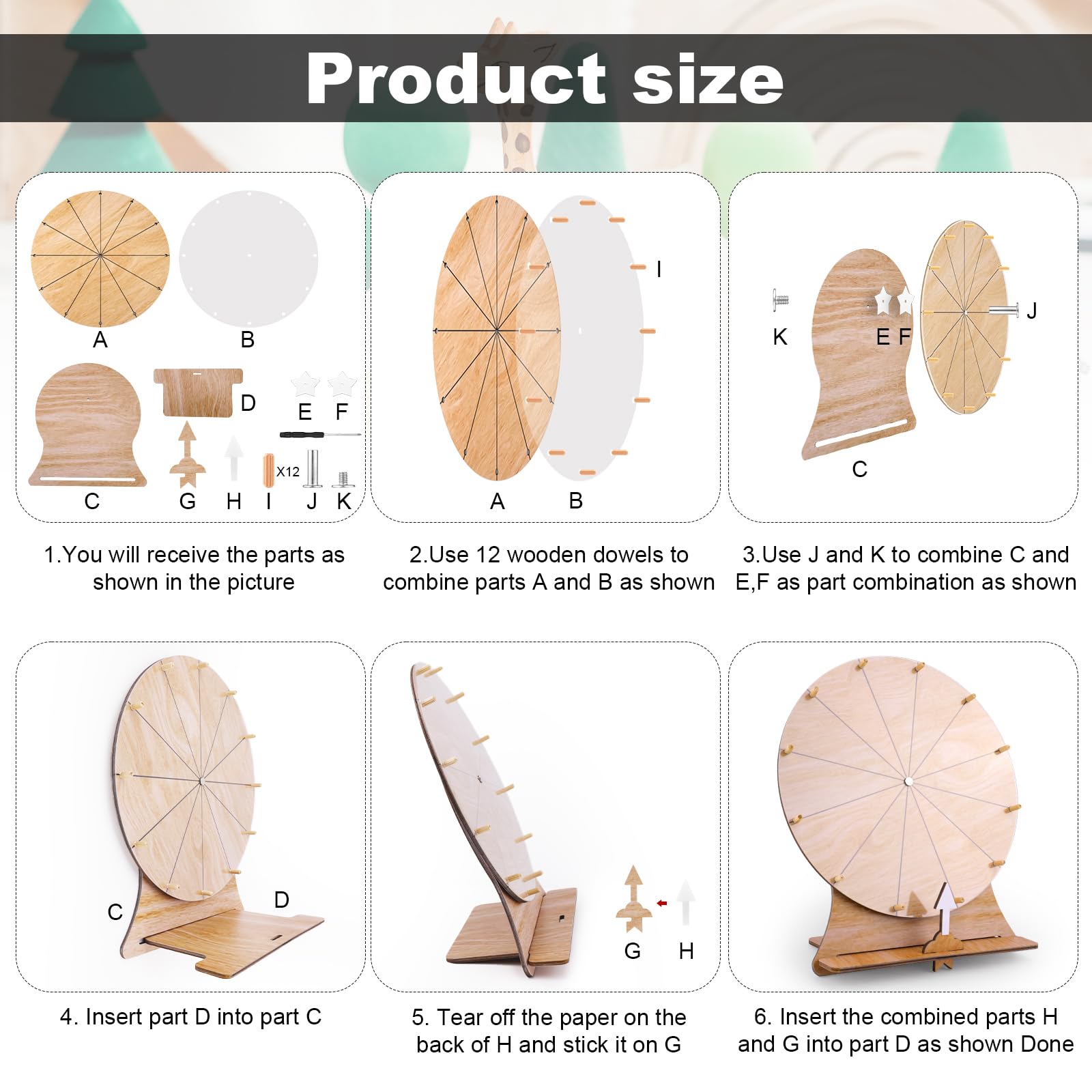 NQEUEPN Rueda de Premios de 30cm, Rueda Giratoria de Madera para Rifa con Soporte Ruleta Borrable Premio de Mesa para Bodas Fiestas de Compromiso Juegos Escolares y Familiares Baby Shower (Estilo 1)