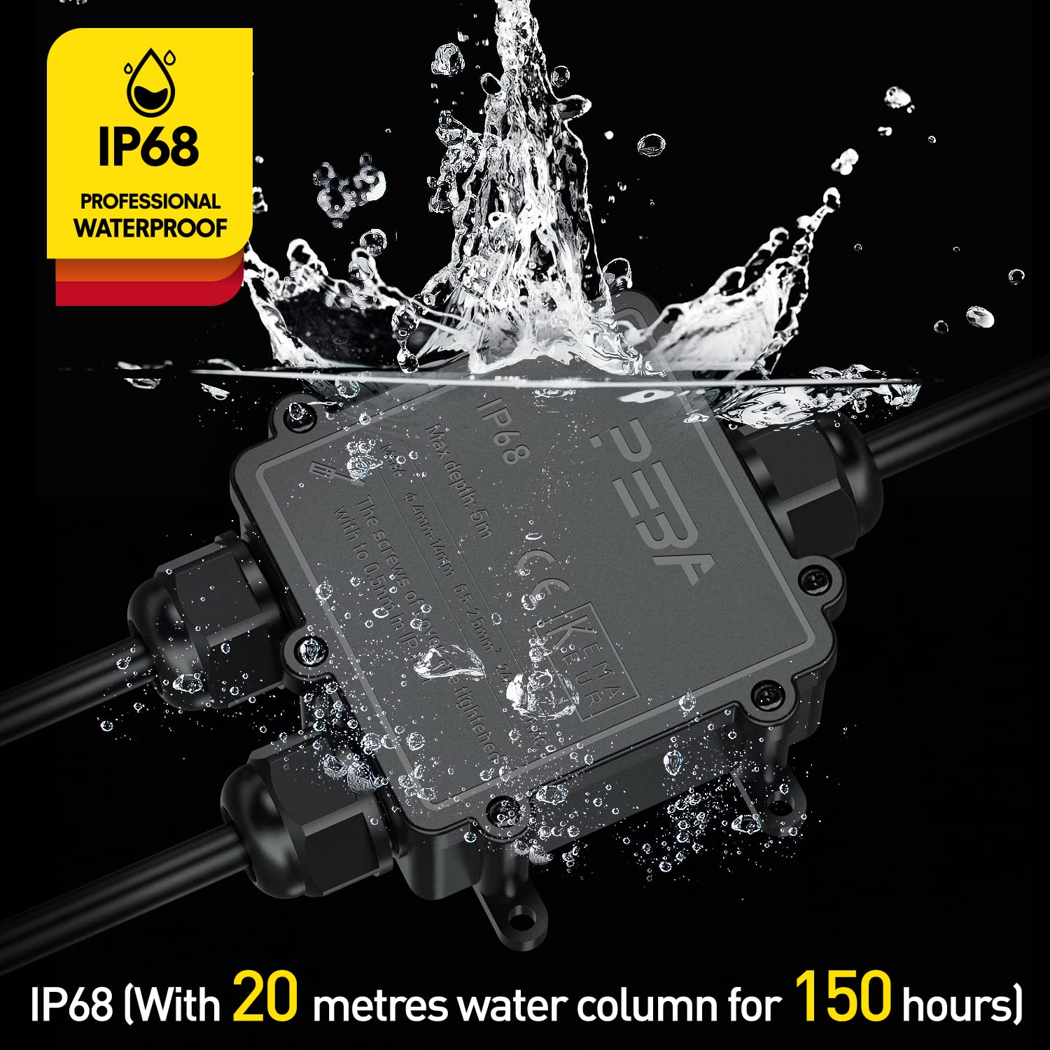PEBA Waterproof Junction Box IP68 Plastic 3-Way Outdoor Cable Electrical Connector Boxes for 0.16‘’-0.55‘’inch Wire,4mm-14mm Diameter Cable Range AWG 20-12,Black,1 Pack