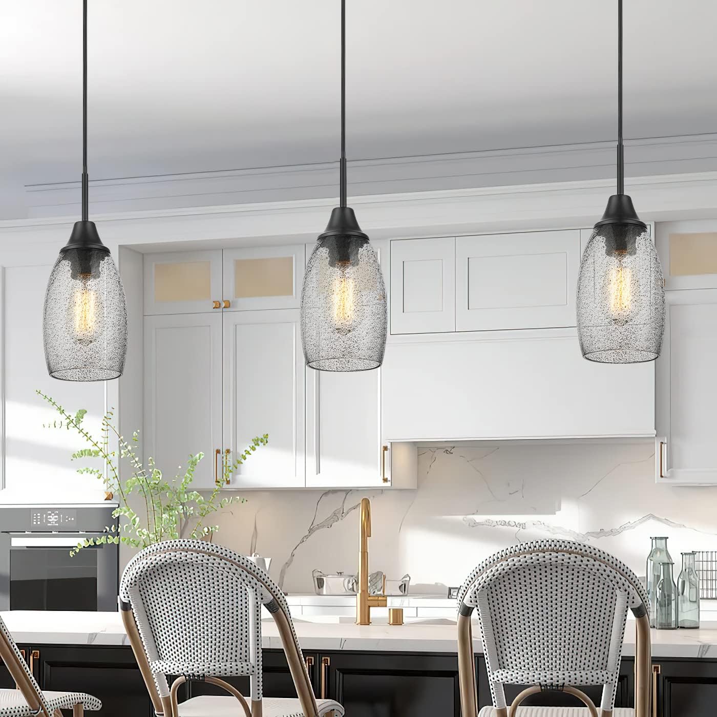 Mini Industrial Glass Pendant Lighting with Handblown Clear Black Seeded Glass Shade, Adjustable Cord Ceiling Light Fixture for Kitchen Island Sink, Matte Black Finish 3Pack - - 