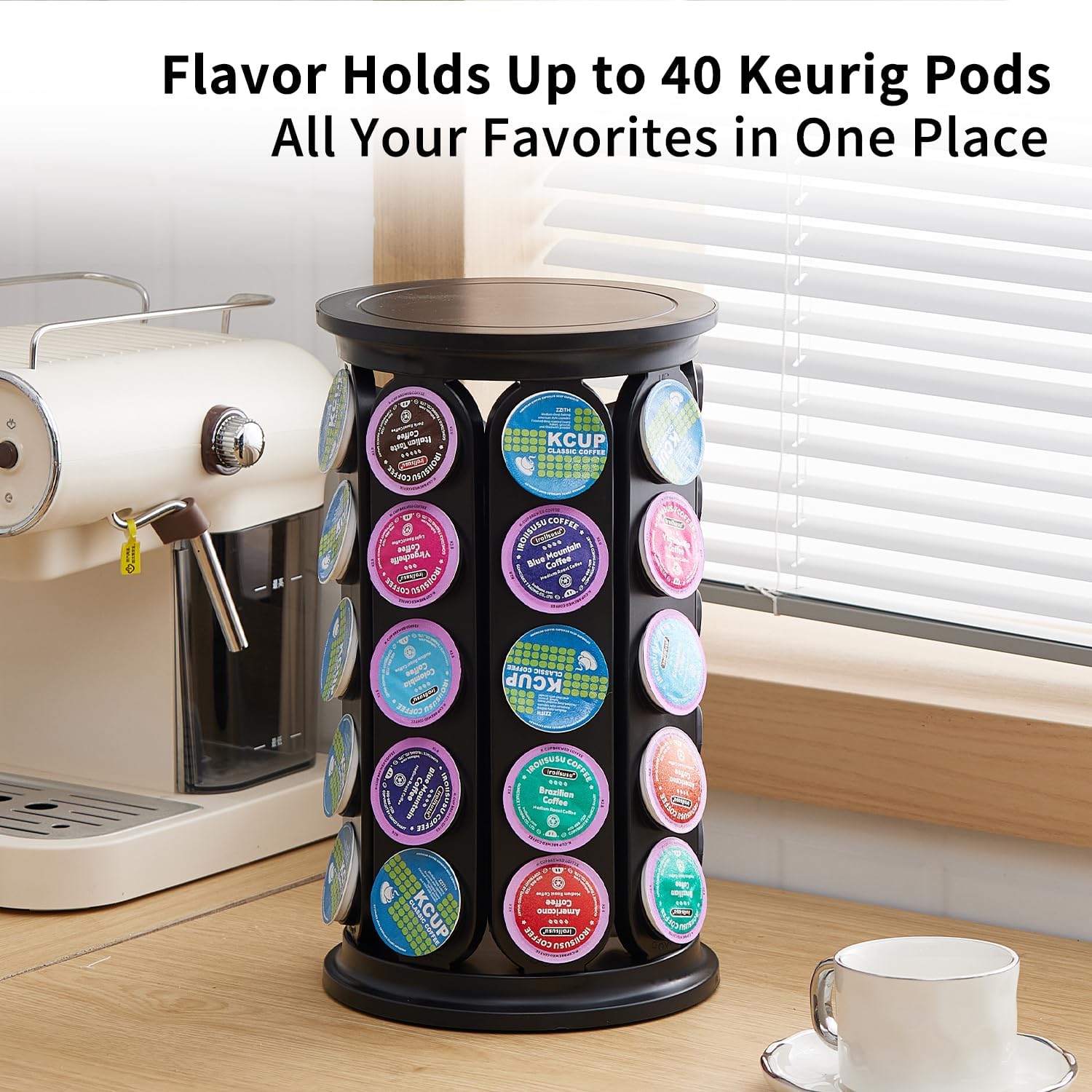40 Capacity KCup Holder, 360° Rotating Coffee Pod Storage Carousel, Space-Saving Organizer for Pods, Ideal for Home Kitchen, Office Break Room & Coffee Bar