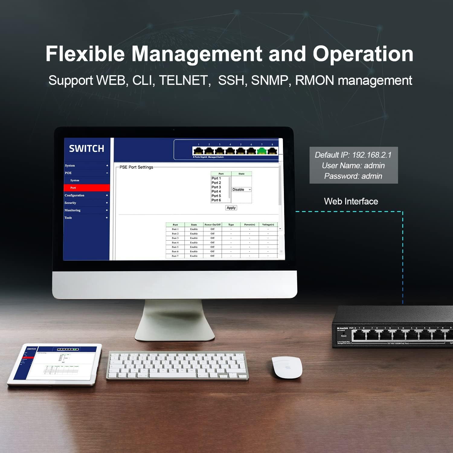 MokerLink switch web management interface on a computer screen