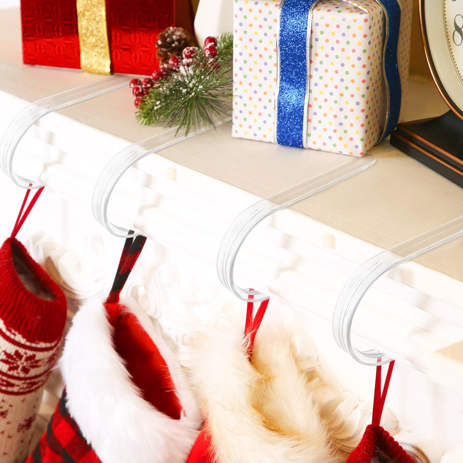 Hxezoc 10 Pack Clear Christmas Stocking Holders for Mantle, Adjustable Stocking Hangers Non-Skid Lightweight Stocking Hooks for Christmas Fireplace Mantel Decorations Christmas Holiday Supplies