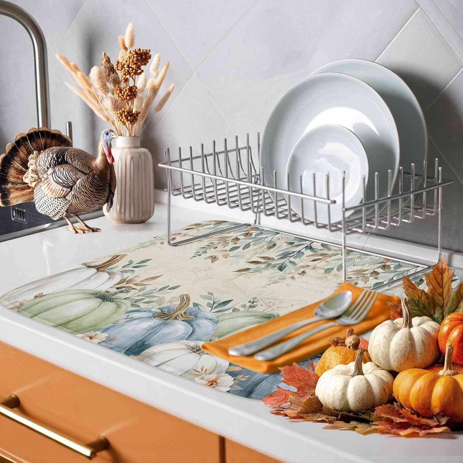 Thanksgiving Pumpkin Leaf Dish Drying Mats for Kitchen Counter,Absorbent Microfiber Dish Drainer Rack Mat Country Plant Flower on Retro Beige Drying Pad for Sinks,Utensils,Countertops,18x24in