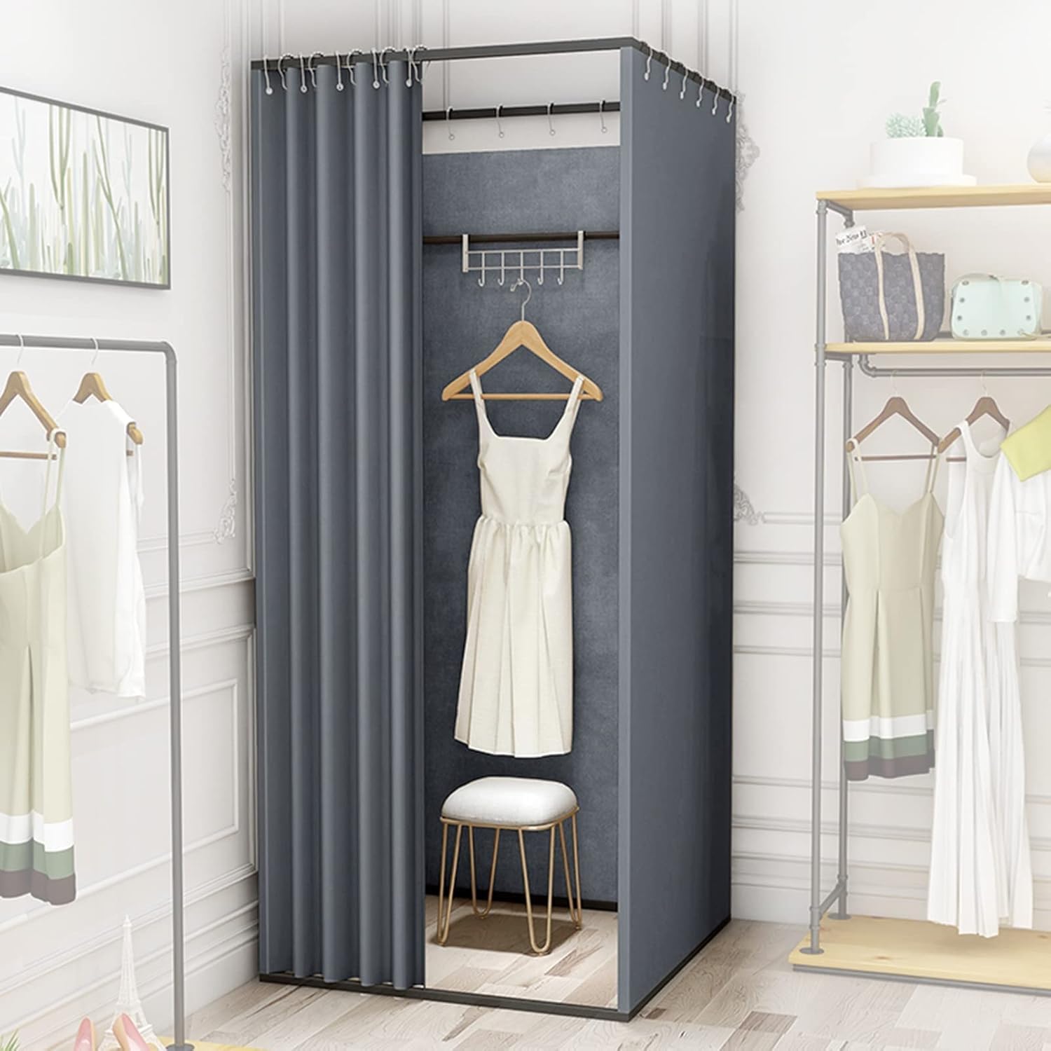 TIST Mobile & Portable Clothing Store Fitting Room Linen Curtain Privacy Screen for Office Clothing Store Dorm Room Mobile Tracking Storage Room with Grommets(85x85x200cm)