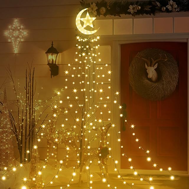 Qelus LED String Waterfall Christmas Tree Lights, 8 Modes Timer Waterproof 350LED String Light with Moon Star for Yard Party Home Holiday Decoration (Warm White)