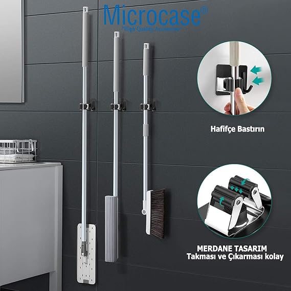 Microcase 2in1 Yapışkanlı Duvara Monte Mop ve Havlu Eşya Tutucu Askılık-AL4800 (Gümüş)